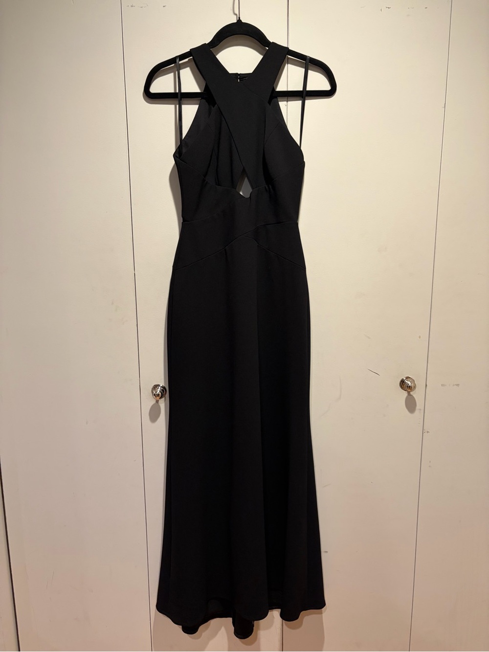 BCBGMaxAzria Black Backless Halter Maxi Gown with elegant front cutout